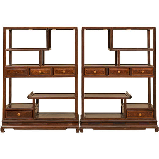 清 红木边框瘿木屉面博古架摆件（一对） 商品图5