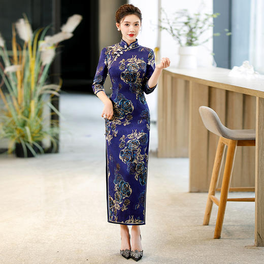 WX-Z11花萝 藏蓝玫瑰真丝旗袍桑蚕丝 商品图3