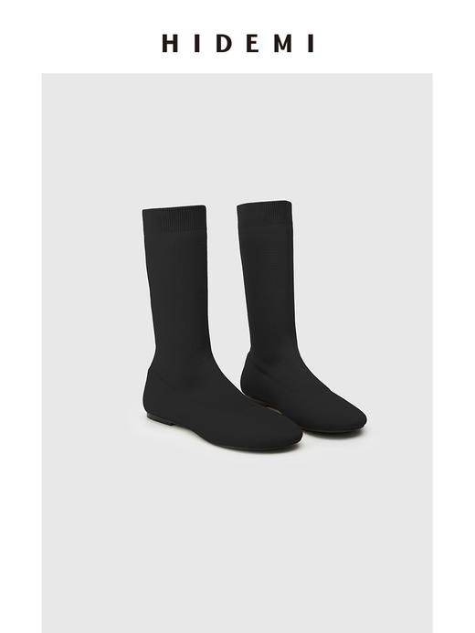 HIDEMI 高密弹力针织圆头短靴 黑色/米色 商品图4