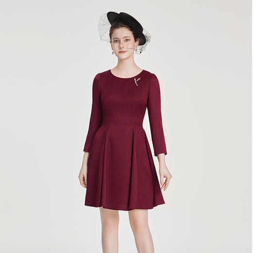 司歌喜庆长袖连衣裙弹力圆领收腰A881216 商品图0