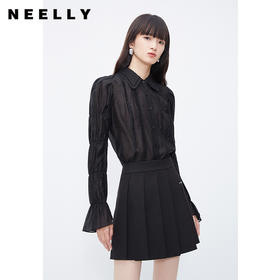 NEELLY纳俪商场同款冬季新款衬衫女洋气百搭黑色藕节袖莱赛尔内搭N23121B01212