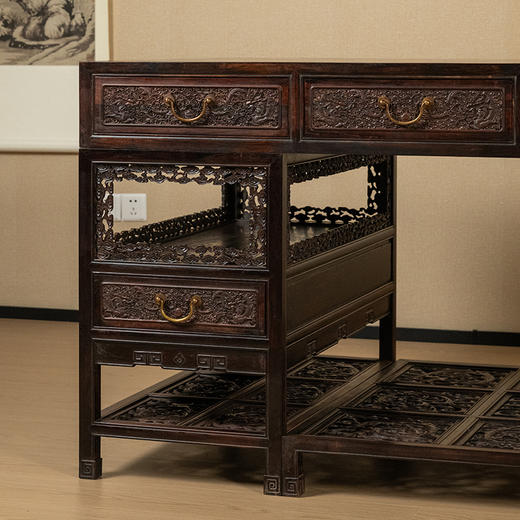 二十世纪 紫檀满雕云龙纹架几书案 商品图1