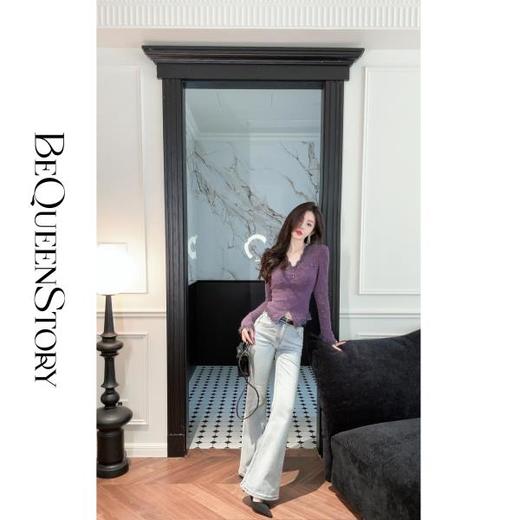 BeQueenStory【百搭蕾丝】性感时尚蕾丝羽毛纱长袖V领修身上衣女装 商品图3