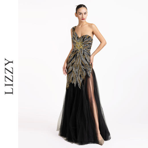 LIZZY法式优雅重工钉珠单肩彩钻宴会性感网纱裙摆长款礼服连衣裙5871 商品图2