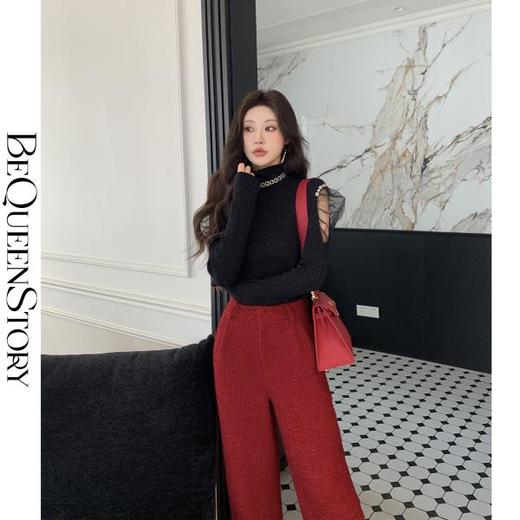 BeQueenStory【香香美腿】重工亮片小香肌理感加长堆叠垂感直筒裤 商品图3