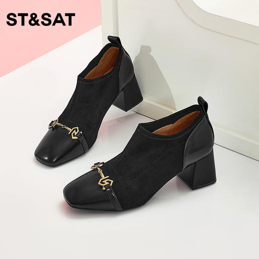 星期六金属扣饰粗高跟法式短靴SS33112177 商品图0