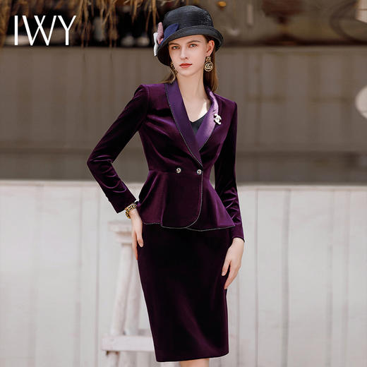 IWY/紫色秋冬丝绒西装套装女气质长袖工作服高级感职业装外套CS1900 商品图1