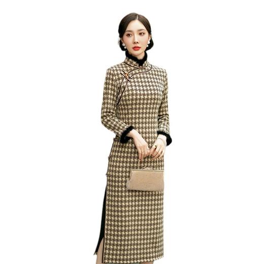 SKY 21806锦棉加绒复古国风改良中式格子旗袍裙 商品图4