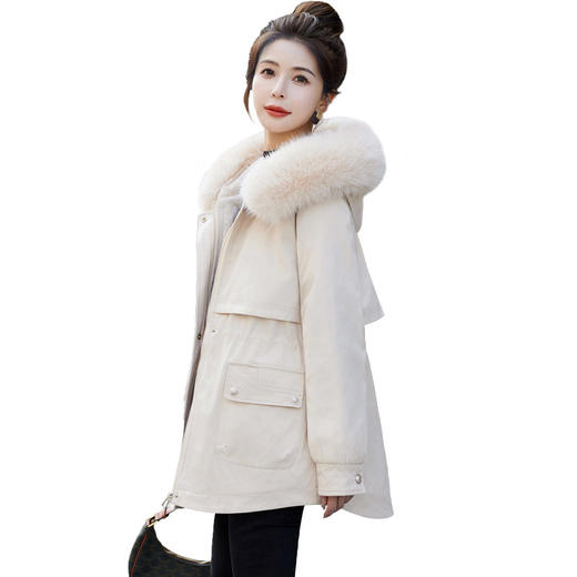HRWA35209 宽松显瘦派克服女2023冬上新加厚加绒连帽防风拼接外套可拆卸毛领 商品图4