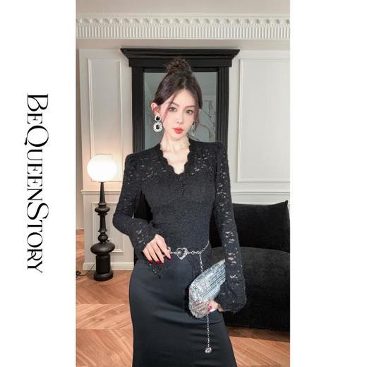 BeQueenStory【百搭蕾丝】性感时尚蕾丝羽毛纱长袖V领修身上衣女装 商品图2