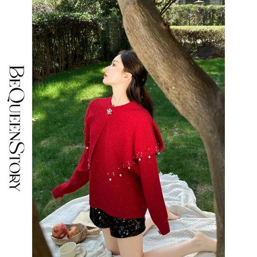 BeQueenStory【珠光宝气】轻奢时尚100绵羊毛纱线斗篷两件套毛衣女 商品图0