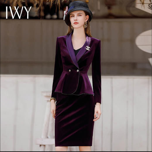 IWY/紫色秋冬丝绒西装套装女气质长袖工作服高级感职业装外套CS1900 商品图0