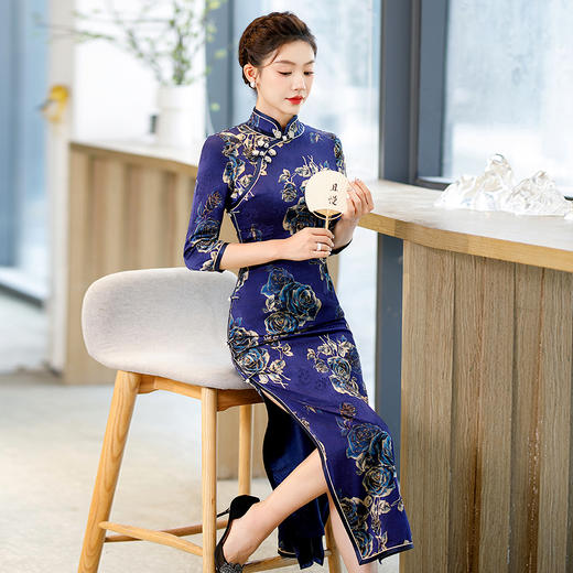 花萝藏蓝玫瑰真丝旗袍桑蚕丝WX-Z11 商品图6