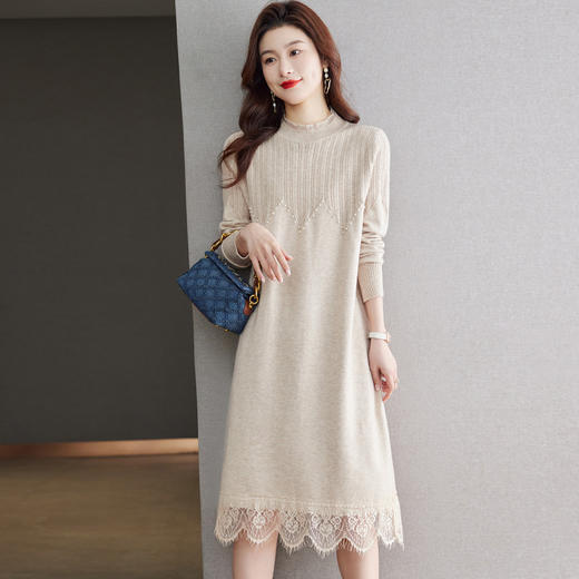 蕾丝拼接针织连衣裙，气质内搭长款打底毛衣裙CC-QL-W8380 商品图0