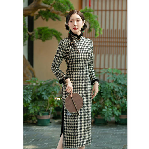 SKY 21806锦棉加绒复古国风改良中式格子旗袍裙 商品图3