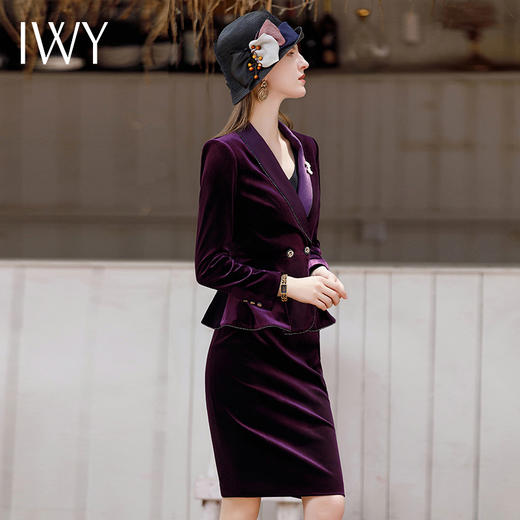 IWY/紫色秋冬丝绒西装套装女气质长袖工作服高级感职业装外套CS1900 商品图3