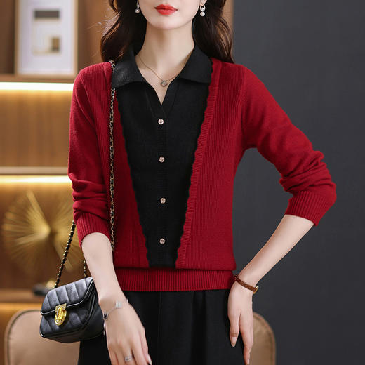 YY028-5380秋装假两件撞色拼接针织衫女翻领上衣2023新款春秋外搭洋气毛衣女 商品图3