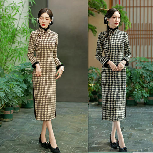 SKY 21806锦棉加绒复古国风改良中式格子旗袍裙 商品图0