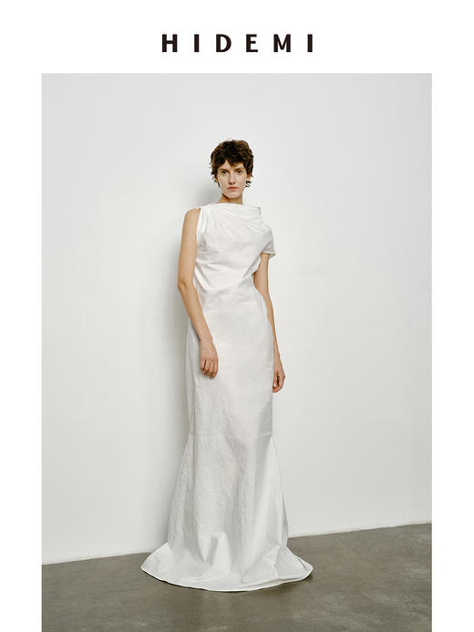 HIDEMI 立体裁剪斜肩式礼服连衣裙 黑色/白色 商品图2