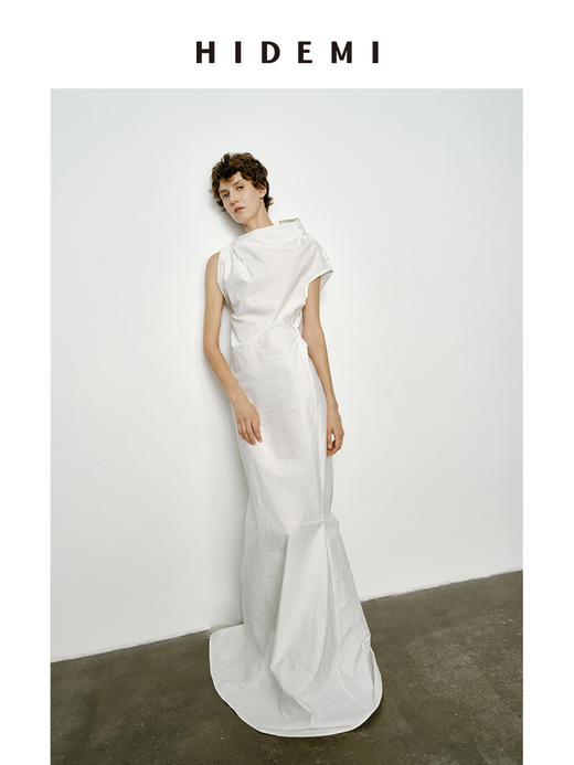 HIDEMI 立体裁剪斜肩式礼服连衣裙 黑色/白色 商品图6