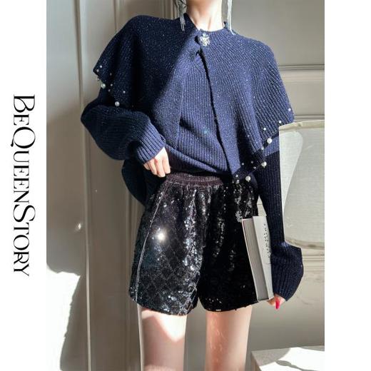 BeQueenStory【珠光宝气】轻奢时尚100绵羊毛纱线斗篷两件套毛衣女 商品图3