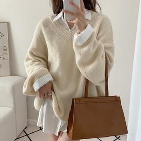 秋冬【大码慵懒风V领长袖针织毛衣女】胖MM遮肚上衣 藏肉中长款打底衫
