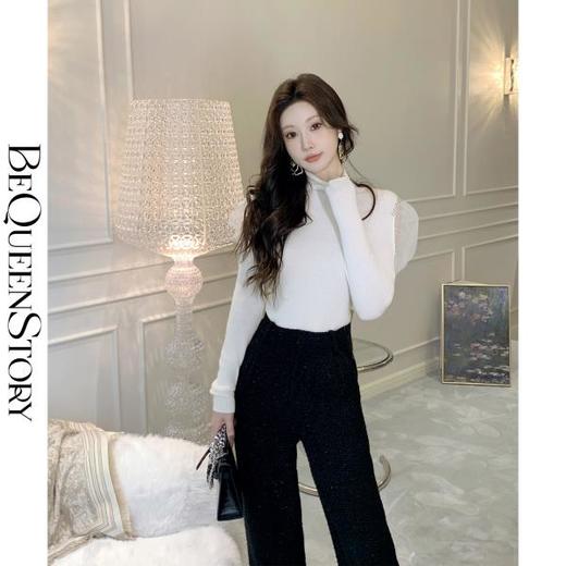 BeQueenStory【香香美腿】重工亮片小香肌理感加长堆叠垂感直筒裤 商品图4