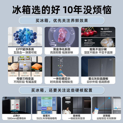 海尔冰箱502升十字对开门四开门母婴三档变温阻氧干湿分储EPP净味除菌一级双变频风冷无霜智能超薄冰箱 502L暮云灰+全域除菌净味+干湿分储+三档变温 商品图1