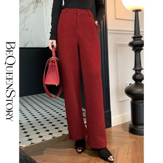 BeQueenStory【香香美腿】重工亮片小香肌理感加长堆叠垂感直筒裤 商品图0