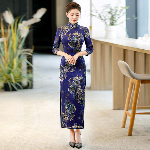 花萝藏蓝玫瑰真丝旗袍桑蚕丝WX-Z11 商品图5