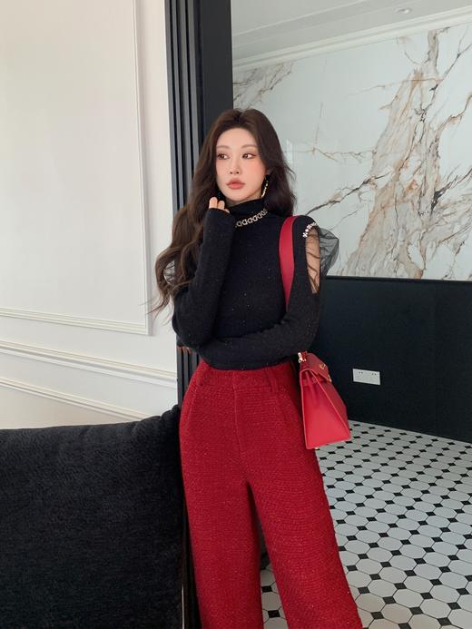 BeQueenStory【香香美腿】重工亮片小香肌理感加长堆叠垂感直筒裤 商品图8