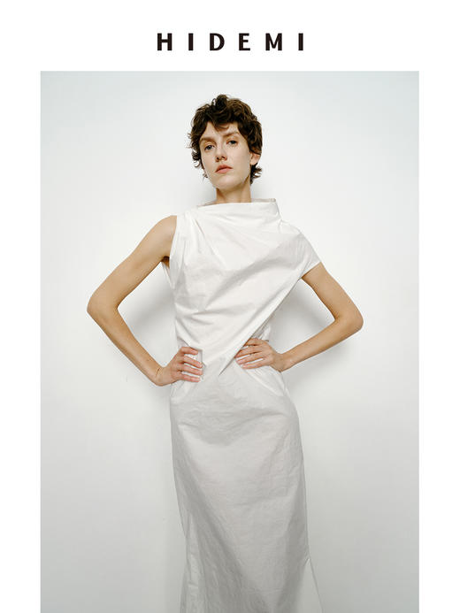 HIDEMI 立体裁剪斜肩式礼服连衣裙 黑色/白色 商品图8