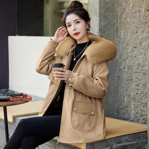 HRWA35209 宽松显瘦派克服女2023冬上新加厚加绒连帽防风拼接外套可拆卸毛领 商品图2
