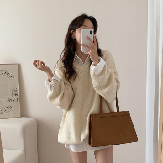 秋冬【大码慵懒风V领长袖针织毛衣女】胖MM遮肚上衣 藏肉中长款打底衫 商品图2