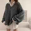 秋冬【大码慵懒风V领长袖针织毛衣女】胖MM遮肚上衣 藏肉中长款打底衫 商品缩略图1