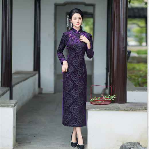 植绒加绒长款七分袖旗袍2023冬新款复古中国风改良中式旗袍GX 商品图1