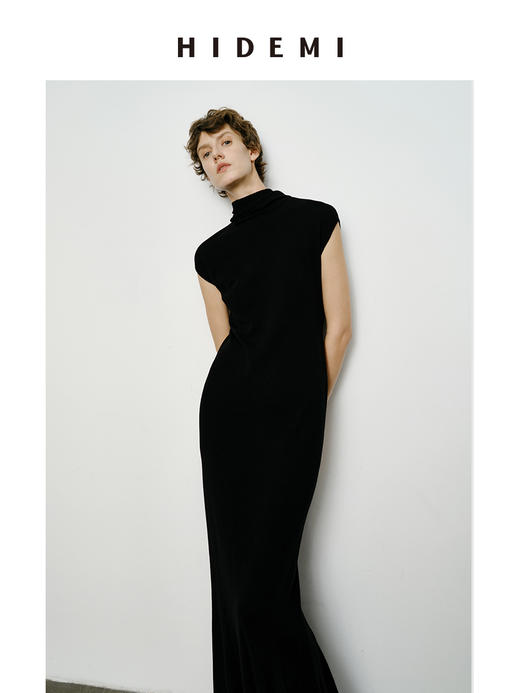 HIDEMI 澳洲美利奴羊毛弹力显瘦收身设计感围巾系带式连衣裙长裙 商品图3