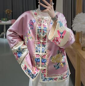 SY 2390国风时尚蝶恋花重磅醋酸刺绣拼色夹棉小袄
