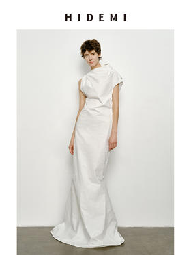HIDEMI 立体裁剪斜肩式礼服连衣裙 黑色/白色
