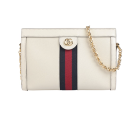 【新品到仓特惠秒】Gucci 古驰 女士经典三色条双G LOGO 荔枝纹牛皮淡金链肩背包斜背包 11741