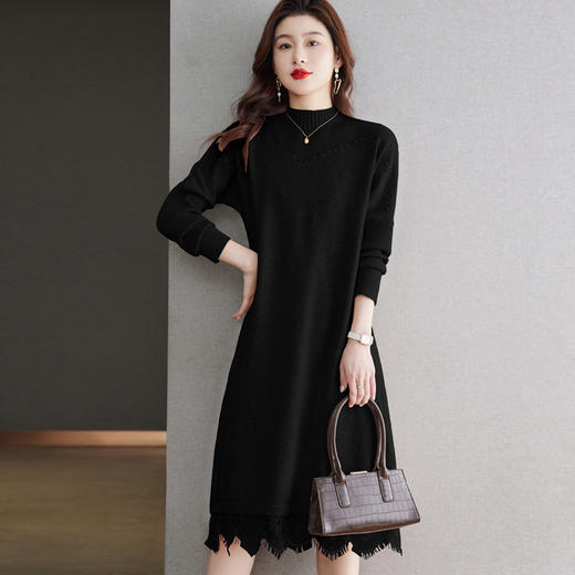 蕾丝拼接针织连衣裙，气质内搭长款打底毛衣裙CC-QL-W8380 商品图3