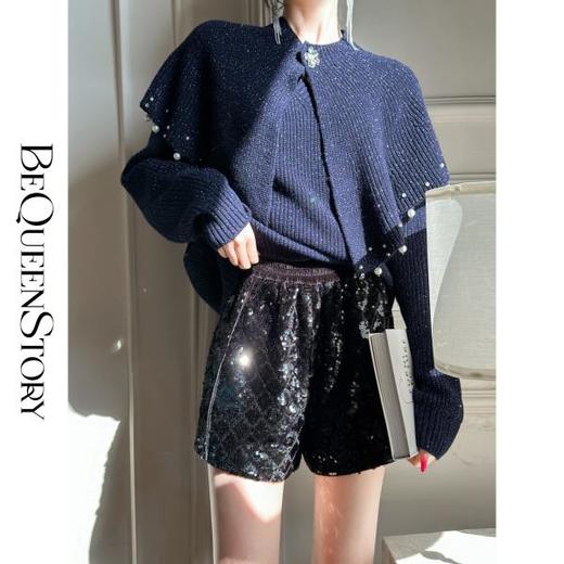 BeQueenStory【星光集市】重工亮片刺绣拼接丝绒休闲阔腿短裤 商品图2