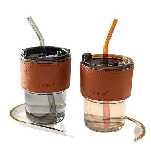 ins风皮革网红玻璃竹节杯高颜值便携玻璃水杯家用大容量咖啡杯 商品图4