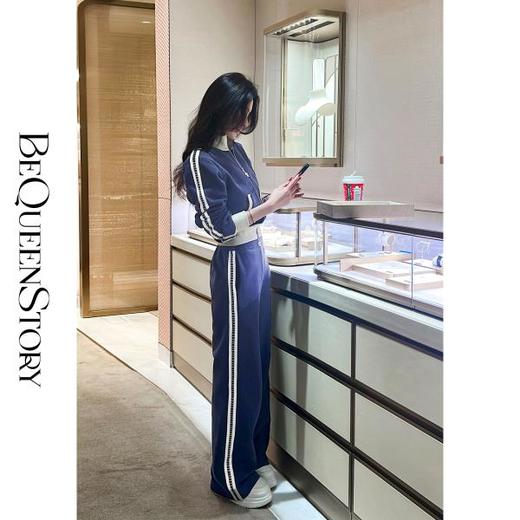 BeQueenStory【魅力出街】320g加绒烫钻撞色收腰直筒裤休闲显瘦套装 商品图0