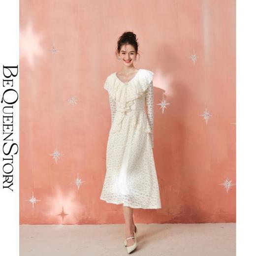 BeQueenStory【仙女座】温柔气质磨毛蕾丝长款荷叶领修身A摆连衣裙 商品图4