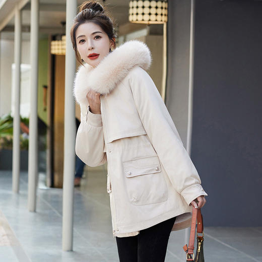 HRWA35209 宽松显瘦派克服女2023冬上新加厚加绒连帽防风拼接外套可拆卸毛领 商品图1