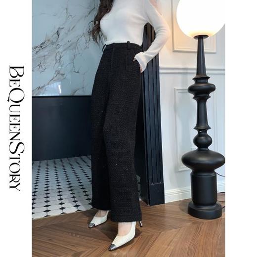 BeQueenStory【香香美腿】重工亮片小香肌理感加长堆叠垂感直筒裤 商品图2