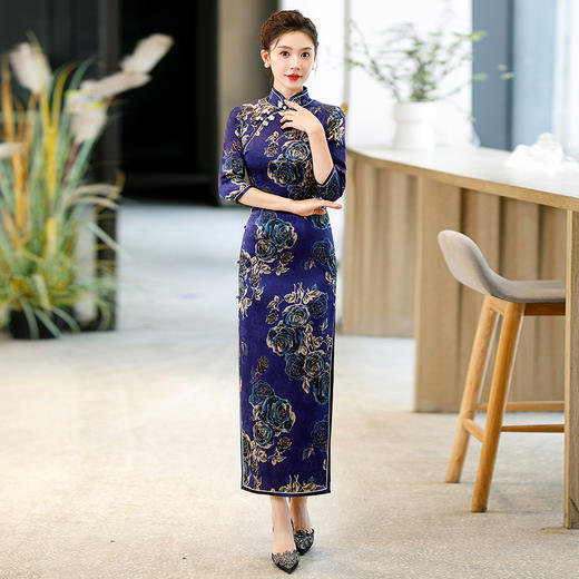 花萝藏蓝玫瑰真丝旗袍桑蚕丝WX-Z11 商品图1