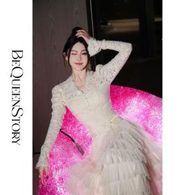 BeQueenStory【百搭蕾丝】性感时尚蕾丝羽毛纱长袖V领修身上衣女装