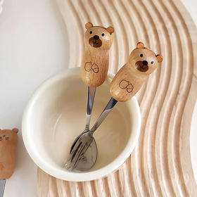 B086 可爱卡通小熊木柄叉勺不锈钢套装